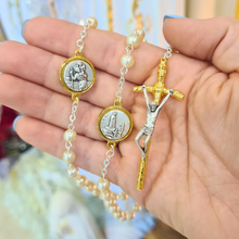 Load image into Gallery viewer, Pearl Rosary with Saint Christopher and Fatima Medals