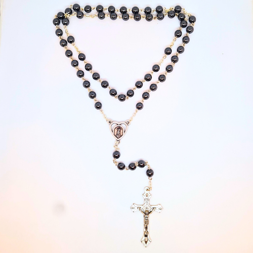 Genuine Hematite Stone Rosary with Heart Centerpiece