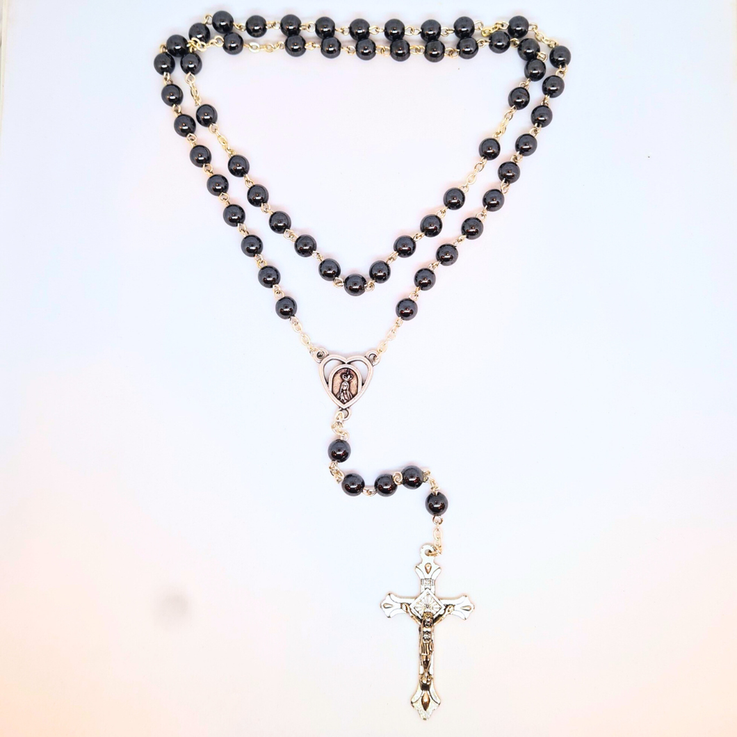 Genuine Hematite Stone Rosary with Heart Centerpiece