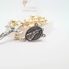 Cargar imagen en el visor de la galería, Pearl Rosary with Apparitions of Our Lady of Fatima Medals and Terra of Fatima
