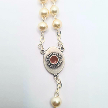 Cargar imagen en el visor de la galería, Pearl Rosary with Apparitions of Our Lady of Fatima Medals and Terra of Fatima
