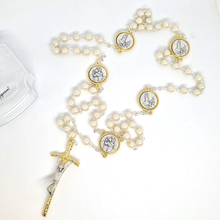 Load image into Gallery viewer, Pearl Rosary with Saint Christopher and Fatima Medals
