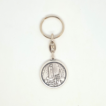 Load image into Gallery viewer, Pope Francis Keychain - Silver keychain with a circular pendant featuring an engraved portrait of Pope Fracis and the Apparitions of Fatima
