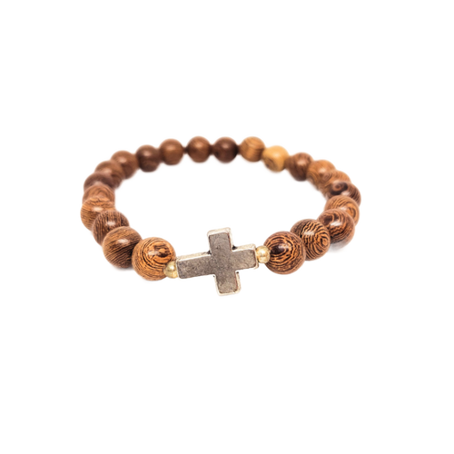 Teak wood Bracelet with Metal Cross