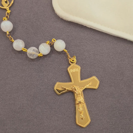 Natural White Selenite Stone Rosary with Gold-Toned Crucifix